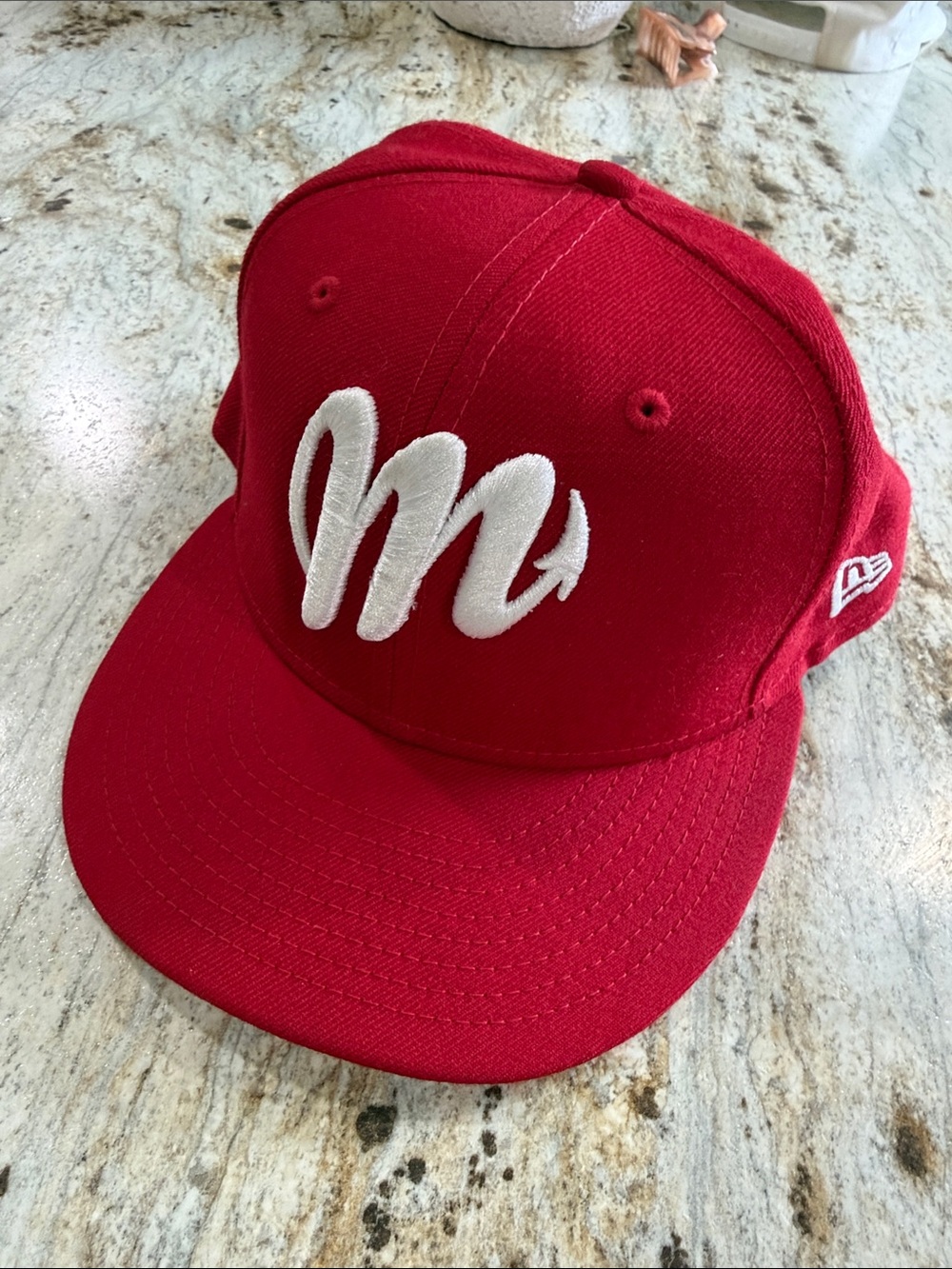 New Era Red Snapback Hat with White 'm' Patch
